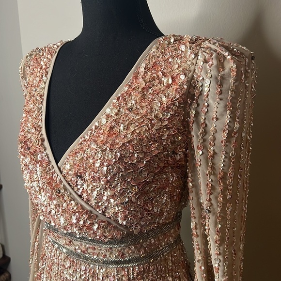 Mac Duggal 93593 Sequined V Neck Bishop Long Sleeve Dress Nude NWT! - Picture 7 of 14